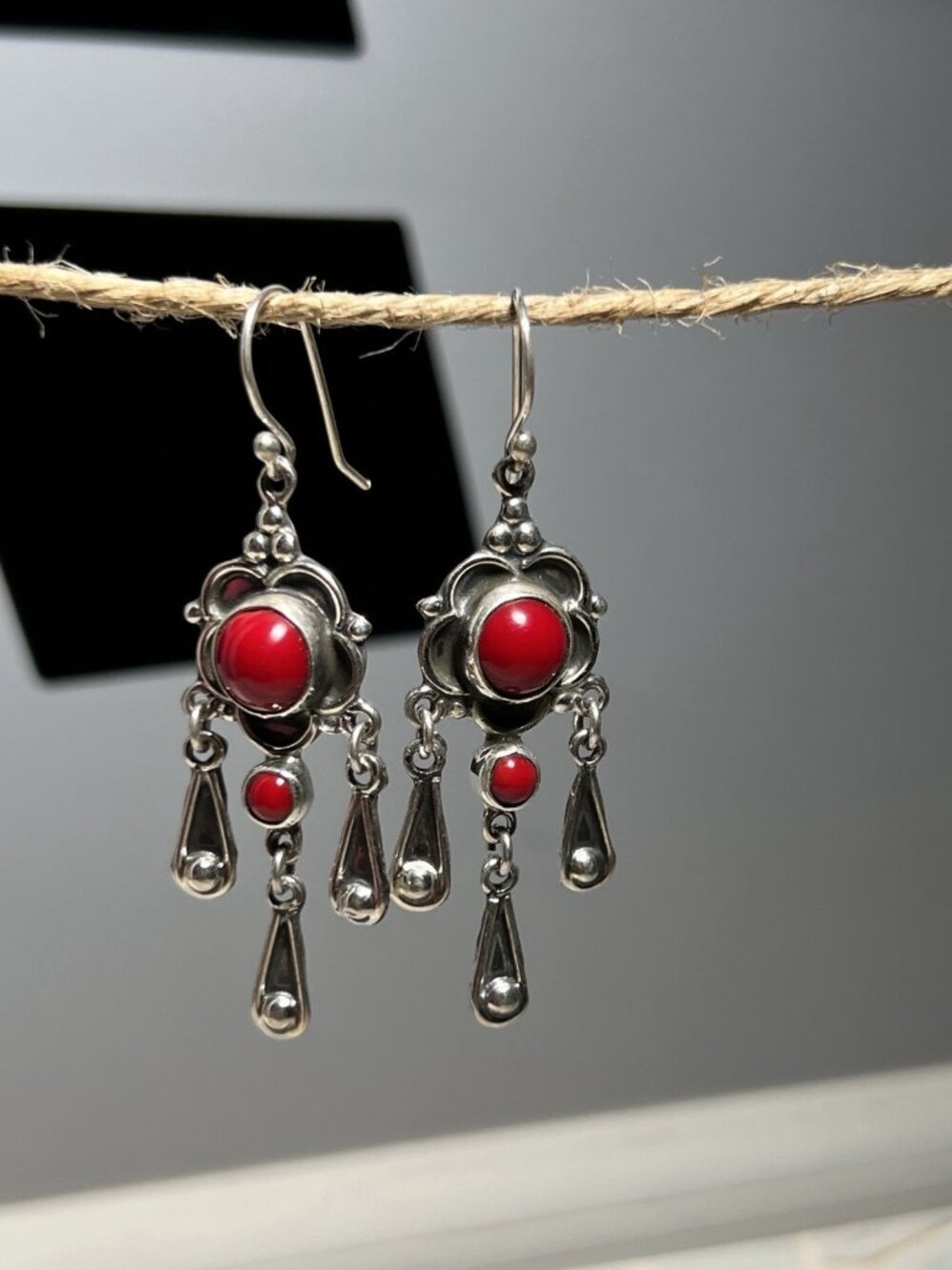 Handcrafted Mexican 925 Sterling Silver Red Coral Dangle Earrings